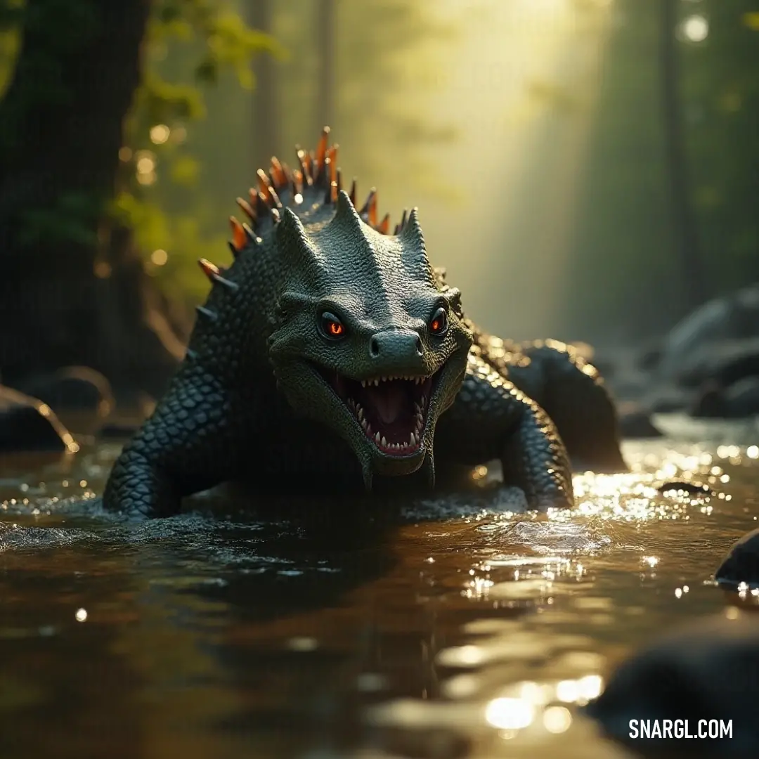 Toy Godzilla Rising from the Water, a Raw Display of Juvenile Power. A toy Godzilla emerges majestically from the water, its mouth wide open in a simulated roar, creating a captivating splash that ripples against the serene aquatic setting while embodying the essence of prehistoric majesty.