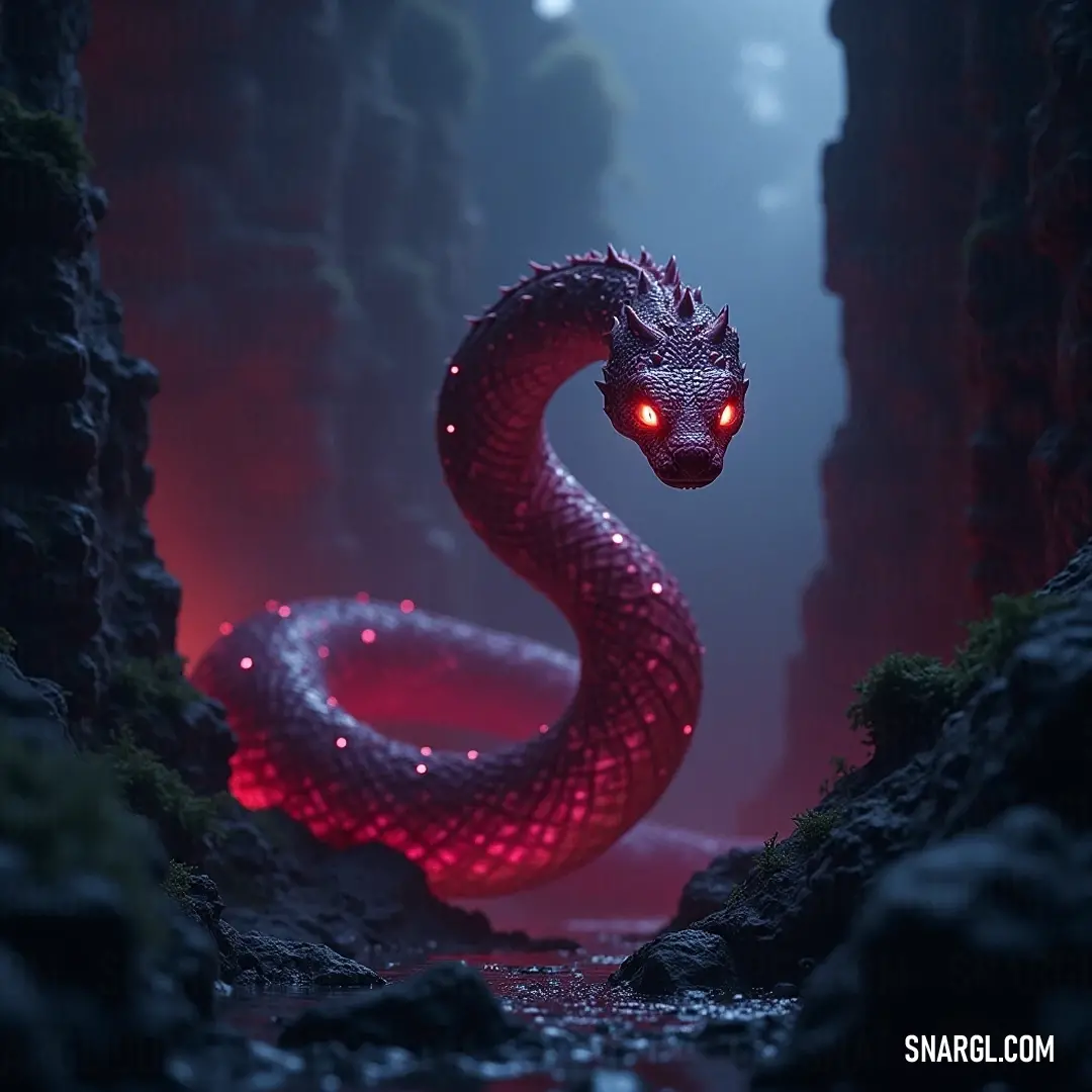 A fierce red serpent statue looms within a shadowy cave, its gleaming eyes glowing ominously, casting an alluring yet eerie ambiance that speaks of ancient legends hidden within the stone walls.
