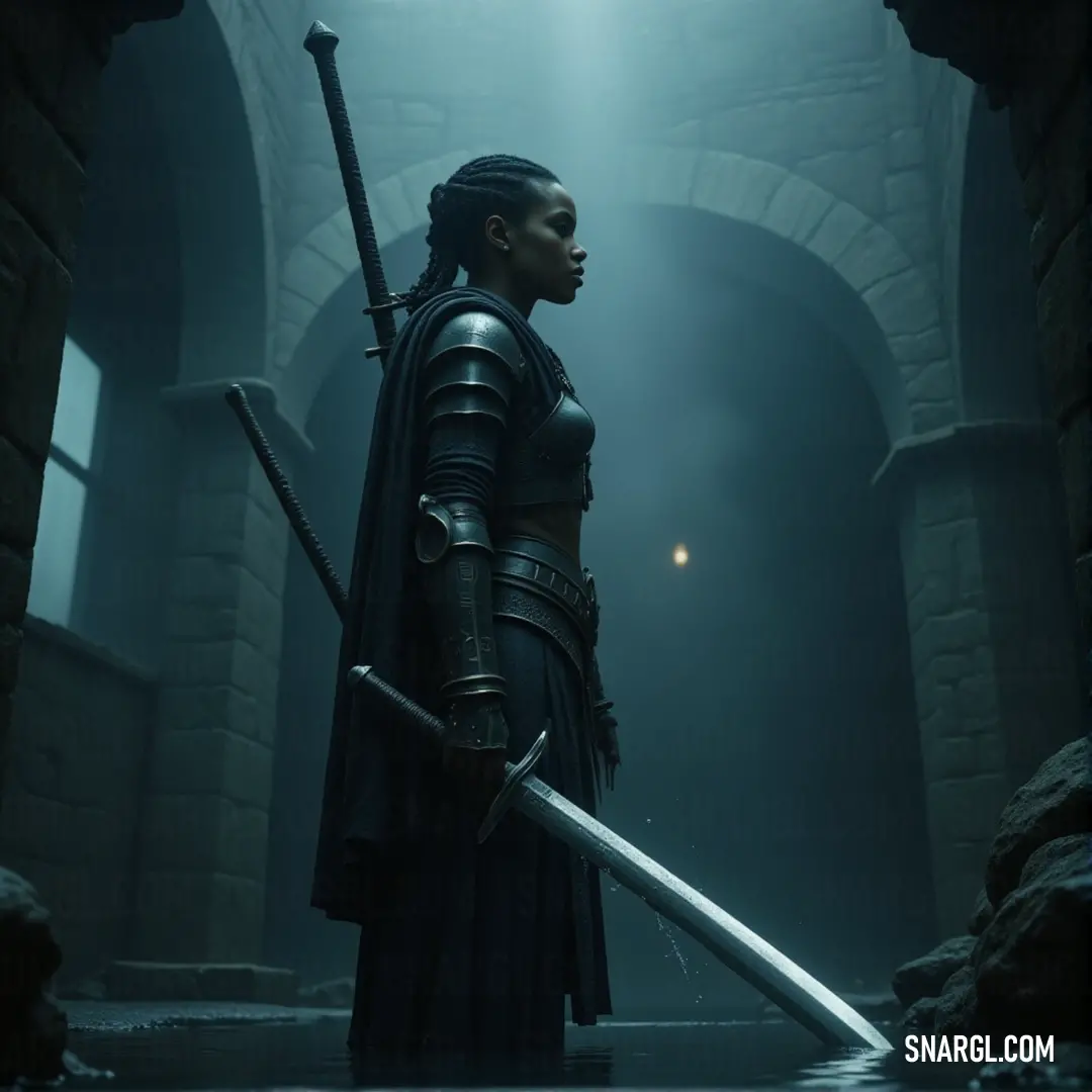 A warrior in a dark room, sword in hand and helmet on head, standing ready for action in the mysterious, shadow-filled space. A figure dressed in armor, holding a sword, standing in a dimly lit room with shadows casting dramatic shapes across the walls, their helmet shining in the low light.