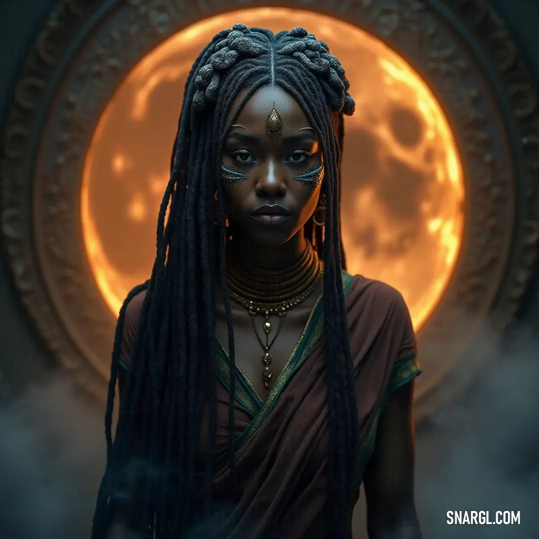A striking figure adorned with dreadlocks stands before a radiant sun and a hidden moon, exuding strength and serenity while wearing a beautiful necklace. A striking figure with intricately styled dreadlocks poses confidently beneath a vivid sun, while a mysterious moon peers out from behind. Adorned with a beautiful necklace, she emanates a sense of strength and tranquility in this enchanting scene.