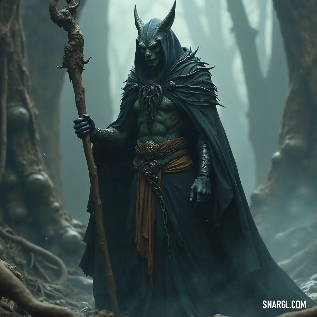 A horned figure stands poised in a misty forest, gripping a stick, as fog wraps around the trees, evoking an air of mystery and enchantment in this magical realm. An enigmatic figure adorned in a horned costume holds a stick in a mysterious forest, where gnarled trees loom and enveloping fog swirls, creating an ethereal atmosphere that hints at hidden secrets and ancient magic.