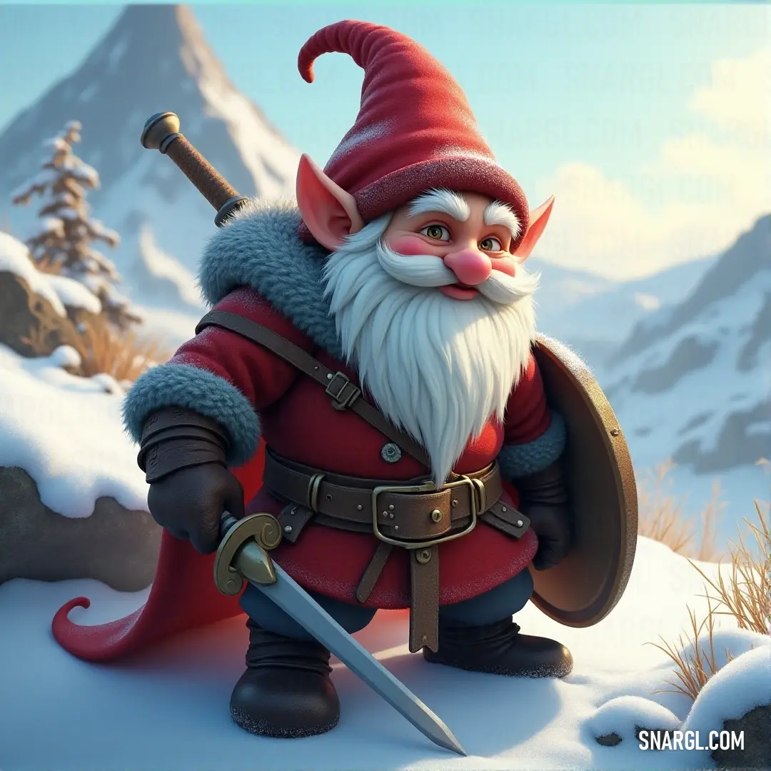 A cartoon gnome, equipped with a sword and a helmet, stands in the snow, with rugged mountains looming in the background. The gnome’s stance is determined, ready to brave the harsh elements and the challenges that lie beyond the snowy peaks.