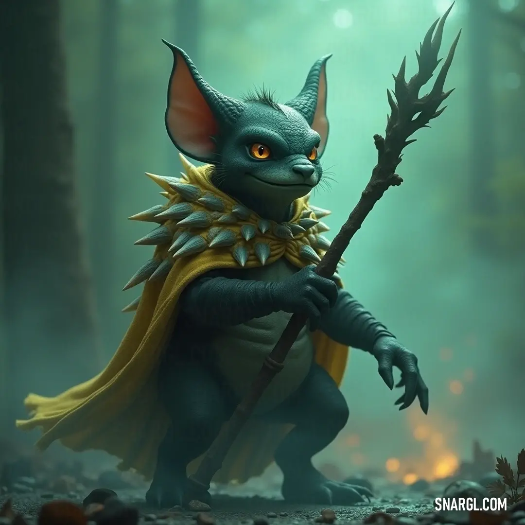 Nibble in a vibrant forest, holding a stick and embracing the spirit of adventure. Nibble, adorned with a horned head and a yellow cape, holds a stick proudly in a lush forest filled with vibrant leaves and rugged rocks, accompanied by a sense of playful adventure in the air.