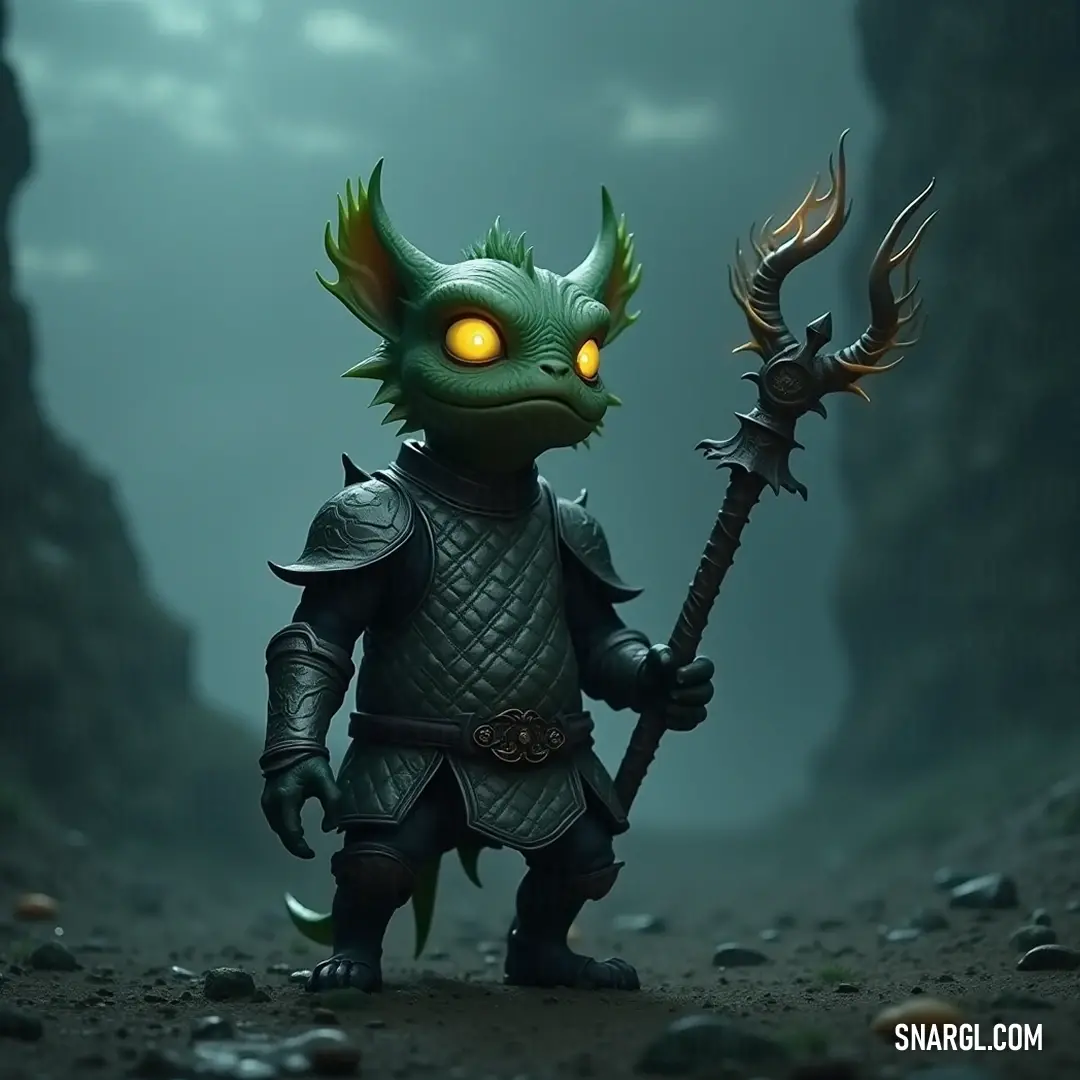 Nibble wielding a large axe, embodying strength and determination in a dark cave. A fierce Nibble showcases its green demon-like features and piercing yellow eyes while gripping a large metal axe, set against the shadowed depths of a cave, charged with mystery and anticipation.