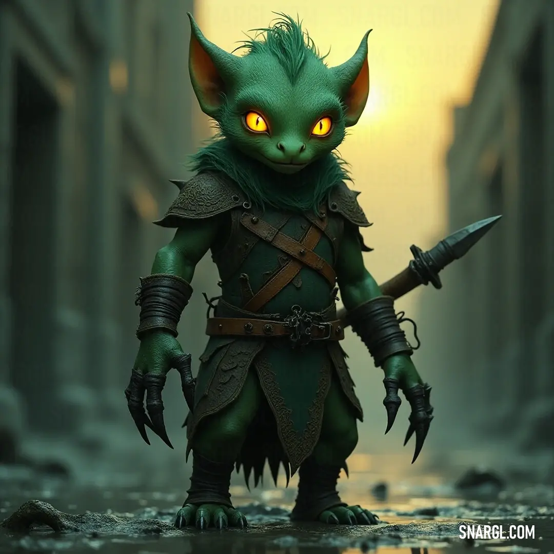 A daring green Nibble with fierce yellow eyes and a sword, standing tall on an urban street. A fierce green Nibble, with intense yellow eyes, grasping a sword in the bustling streets against the backdrop of towering buildings and echoes of life, embodying strength and valor against urban horizons.