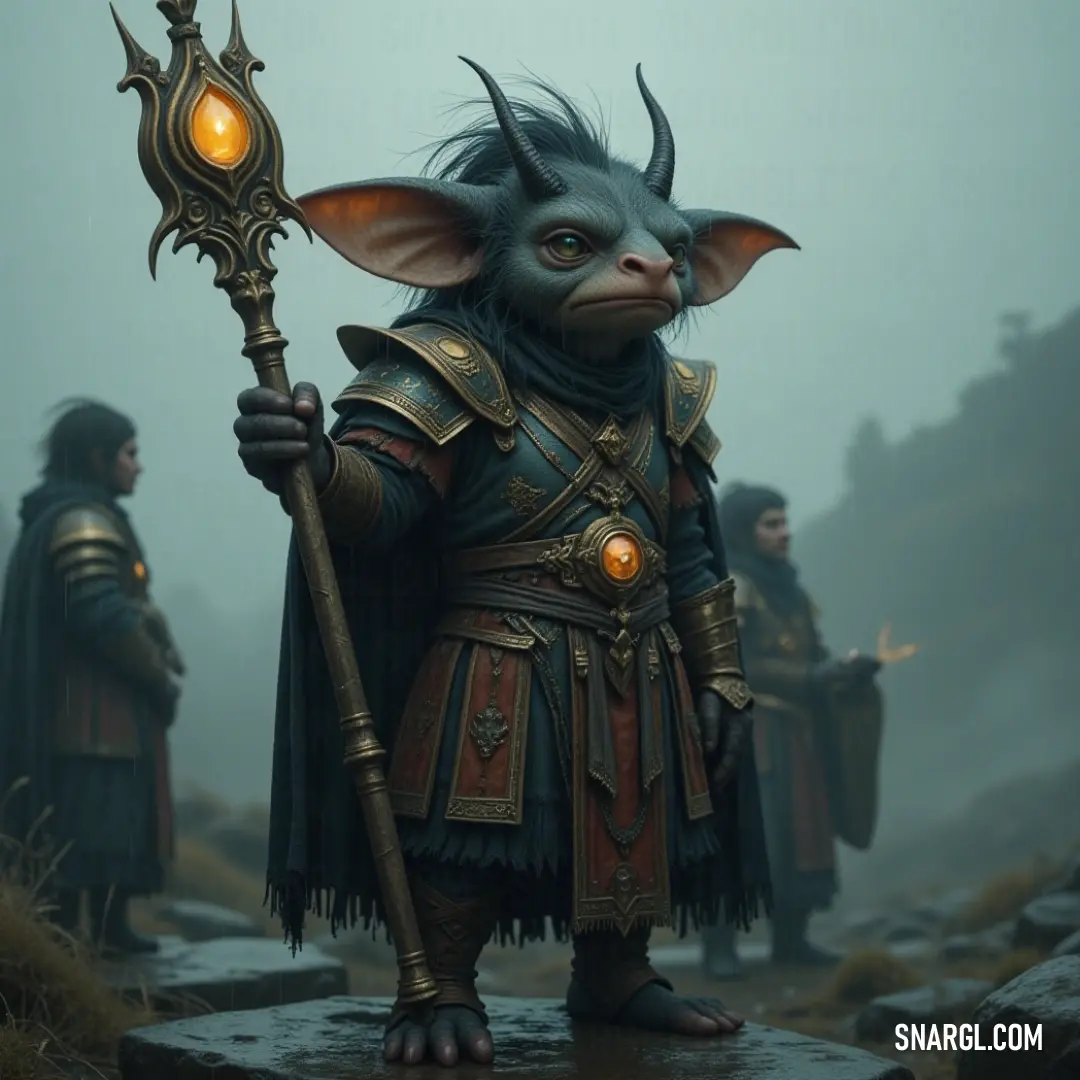 A creature from a fantasy world with a staff and a glowing firefly staff, standing amidst the swirling fog, exuding mystery and magic. A creature resembling one from a popular fantasy world, holding a staff in one hand and a glowing staff of fireflies in the other. It stands in a dense, foggy landscape, shrouded in an eerie and enchanting atmosphere.