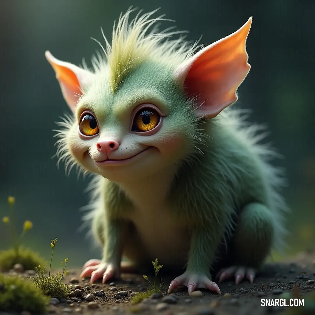 Cheerful green Niblet with orange eyes sitting amidst vibrant flowers and grass on a sunny dirt ground, radiating joy. A cheerful green Niblet with bright orange eyes beams a broad smile while sitting on a dirt patch surrounded by lush grass and colorful flowers, evoking a sense of happiness and whimsy in a sunny outdoor setting.