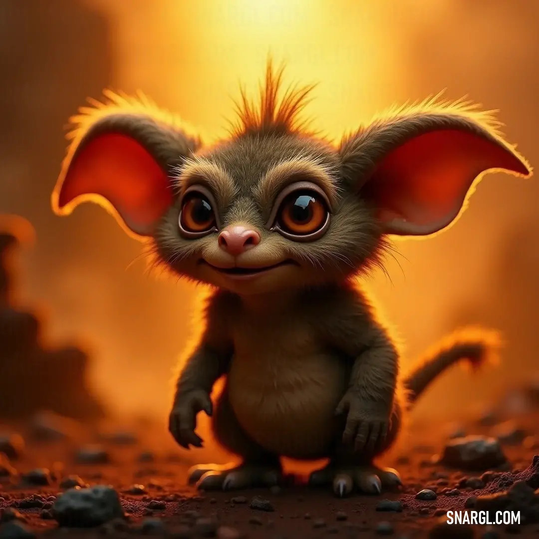 Playful small Niblet with oversized ears and big eyes sitting on a sunlit rock, surrounded by nature's beauty. This playful small Niblet with oversized ears and large expressive eyes perches on a sunlit rock, soaking in the warm rays and casting a joyful presence, surrounded by nature's serene beauty.