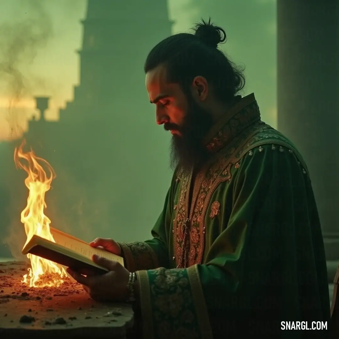 Wearing a flowing green robe, a figure is captivated by an ancient book, surrounded by flickering firelight and enveloped in mystery. A mysterious figure in a flowing green robe stands by a flickering firelight, absorbed in an ancient tome, lost in the secrets of the pages as shadows dance around him.
