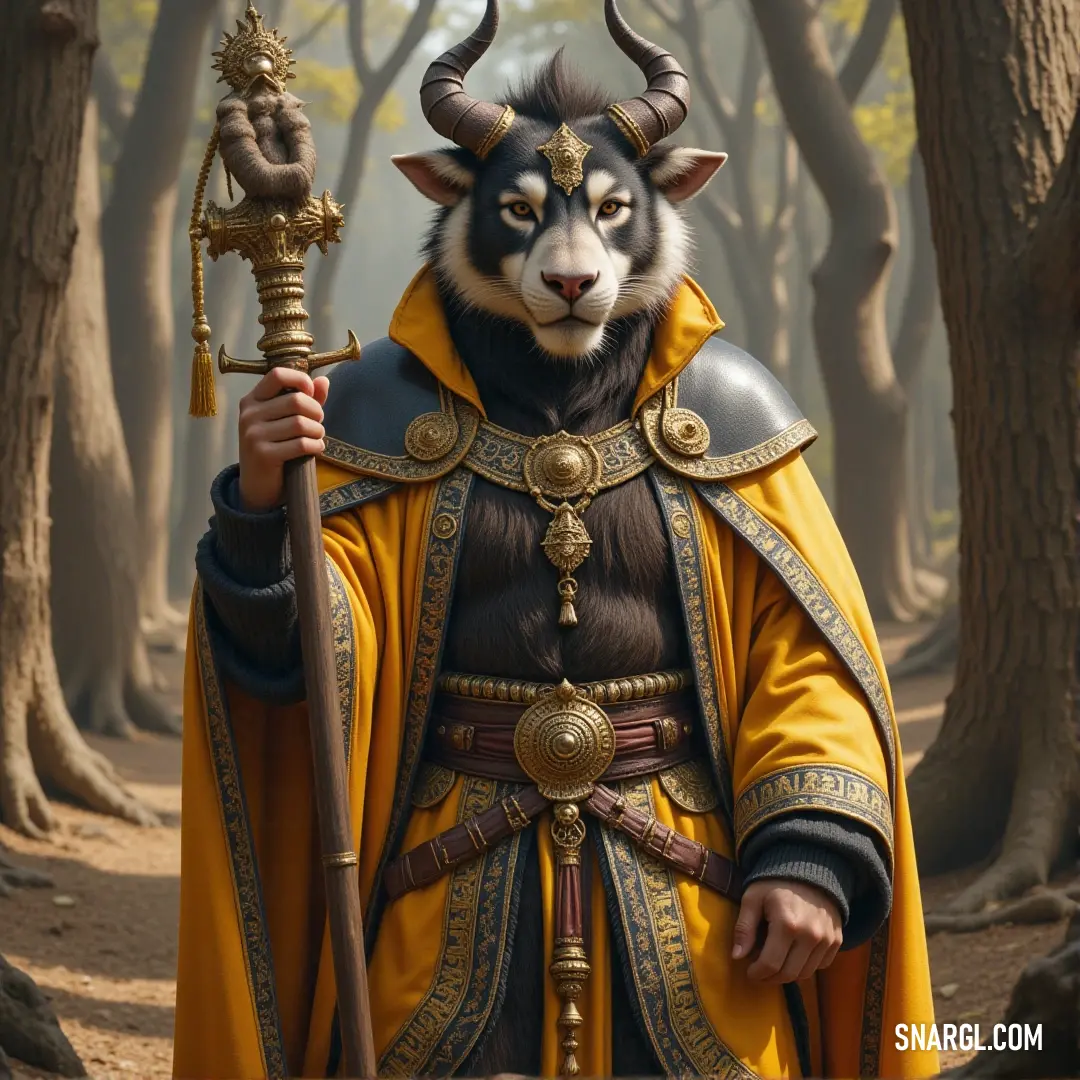 A powerful figure clad in a dark, horned costume stands tall in a dense forest, gripping a gleaming sword. The sunlight filters through the branches, casting eerie shadows on the forest floor, while ancient trees loom overhead.