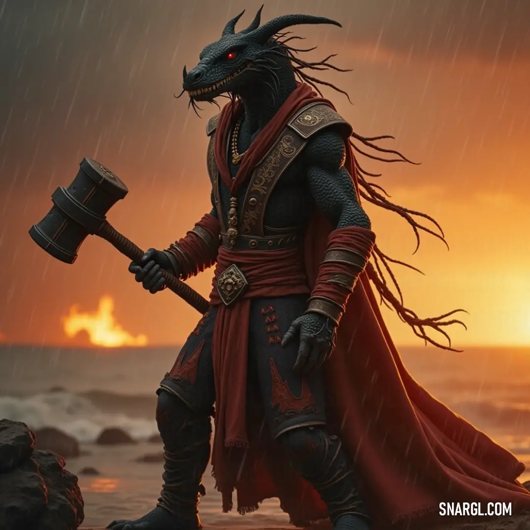 A mighty creature resembling Nidhogg, inspired by fantasy lore, stands tall, gripping a massive hammer with great strength. The dark, menacing figure, set against a dramatic backdrop, seems ready to unleash destruction.
