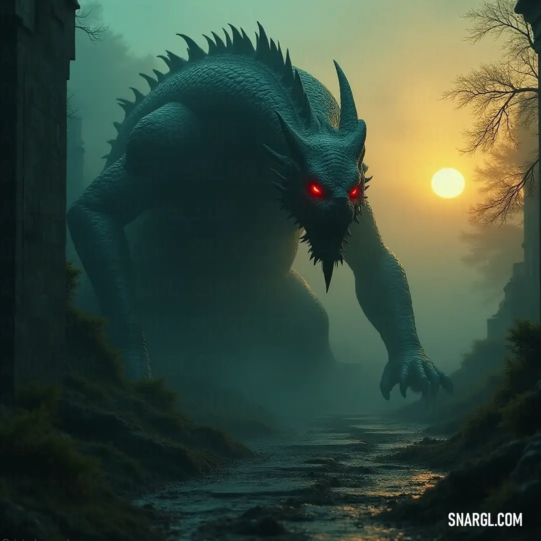 An enchanting Nidhogg wandering through a foggy forest as dusk falls, merging the realms of magic and reality in a captivating twilight scene filled with mystery. A magnificent Nidhogg, known for its red eyes, strolls gracefully through a fog-drenched forest at sunset, its ethereal presence illuminated by a glowing red eyeball, forming a mystical connection with the twilight.