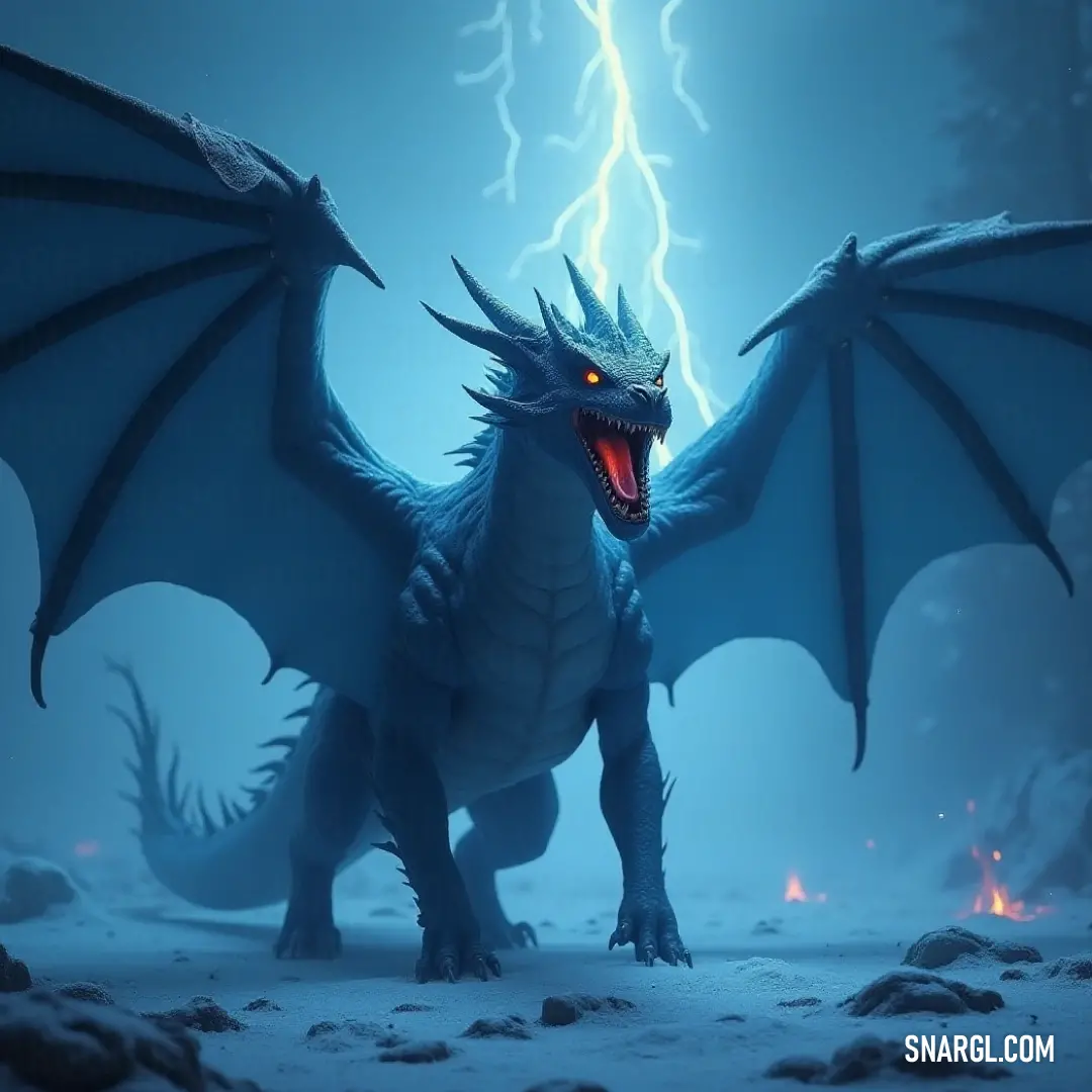 With a lightning bolt striking dramatically in the background, the Nidhogg stands as a testament to the elemental forces of nature, exuding both fearlessness and beauty in a turbulent landscape. A Nidhogg, fierce yet mesmerizing, stands proud as an electrifying lightning bolt illuminates the night sky behind it, encapsulating a moment of raw power amidst nature's turbulence and energy.