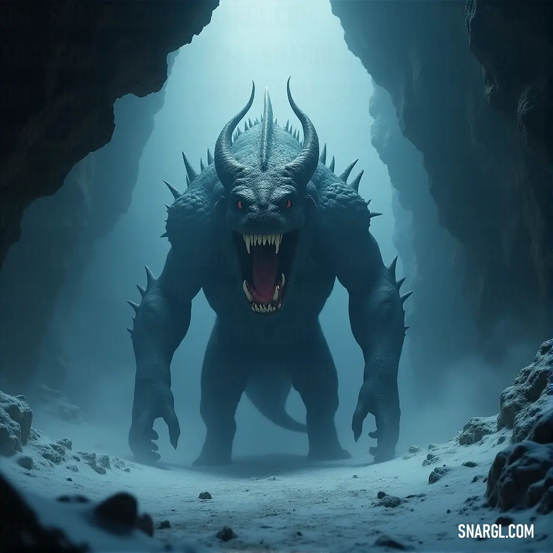 Nidhogg, a fearsome creature with massive horns and sharp teeth, stands in a snow-covered cave. Its menacing presence contrasts sharply with the icy, silent landscape around it.