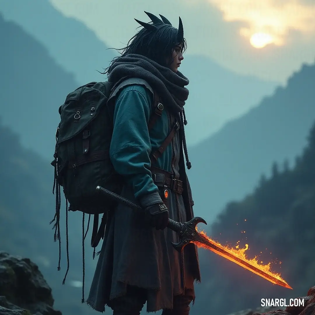A victorious warrior holds a sword and flame at sunset on a mountain, symbolizing triumph and adventure. Standing triumphantly on a mountain peak at sunset, a fearless warrior clasps his sword, with flames flickering in his hand, surrounded by the breathtaking view of the world below, symbolizing victory and adventure.