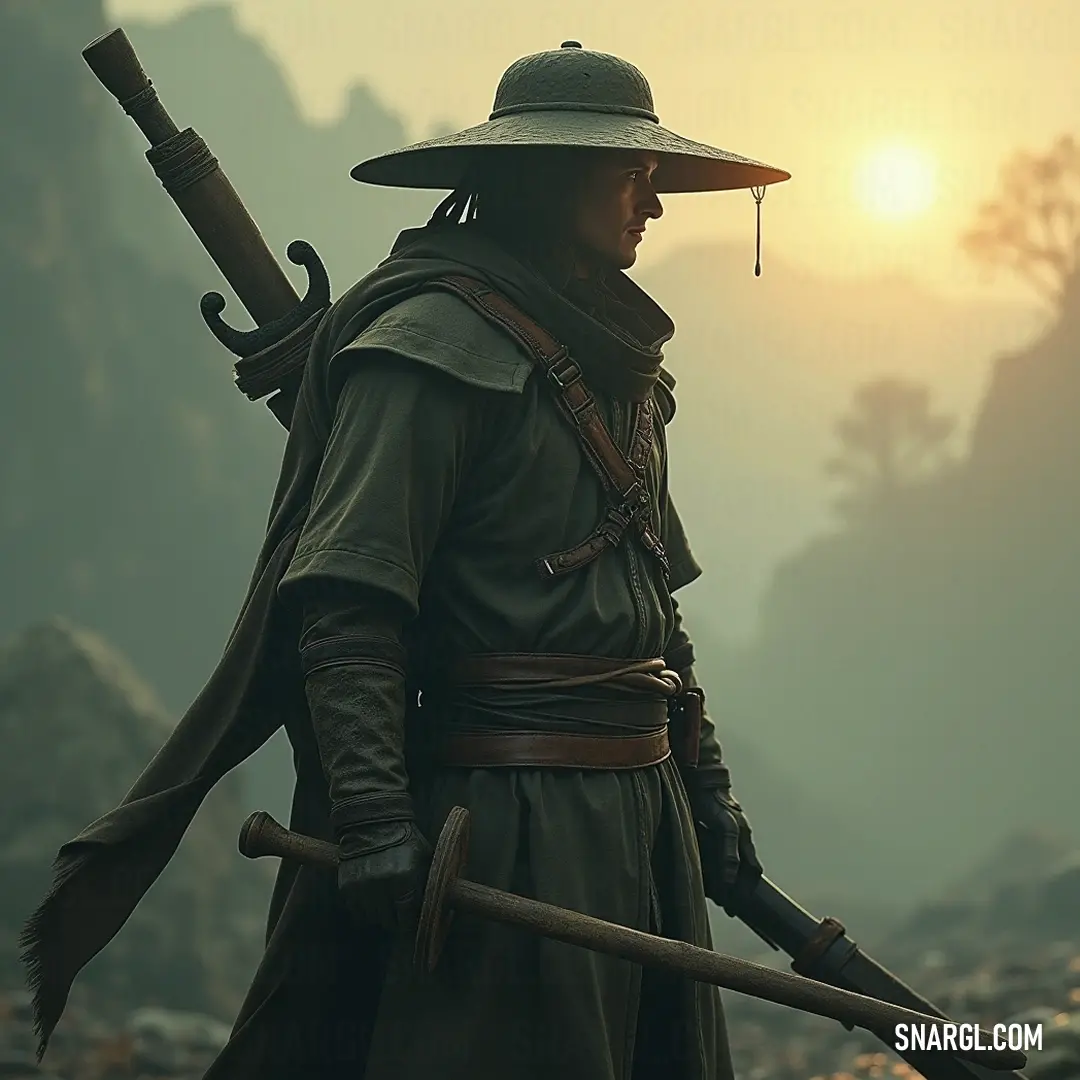 An adventurer in a hat and coat wields wooden sticks, symbolizing resilience in a rugged, mountainous landscape. A determined figure in a stylish hat and coat brandishes two large wooden sticks against a rugged landscape, showcasing a unique blend of adventure and survival, with the raw beauty of nature as his backdrop.