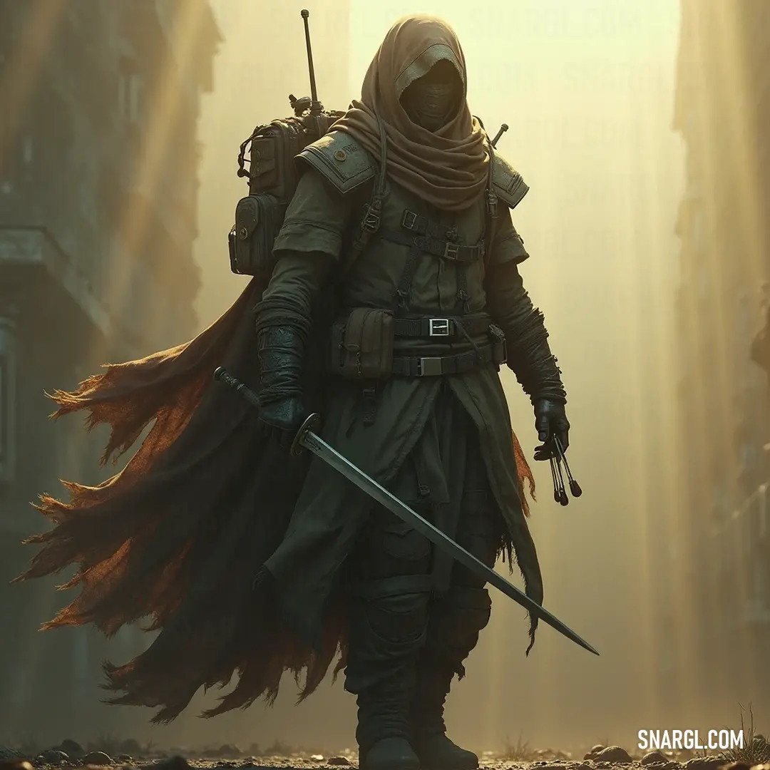 A hooded warrior brandishes twin swords against the backdrop of a foggy sunset city, illuminated by ethereal sunbeams. A mysterious figure cloaked in a hood stands confidently in a vibrant city street at sunset, wielding two gleaming swords, while gentle rays of sunlight pierce through the lingering fog, adding a sense of intrigue to the atmosphere.