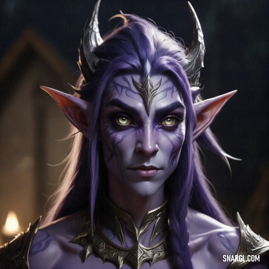 Close up of a person with purple hair and horns on their head and a demon like face