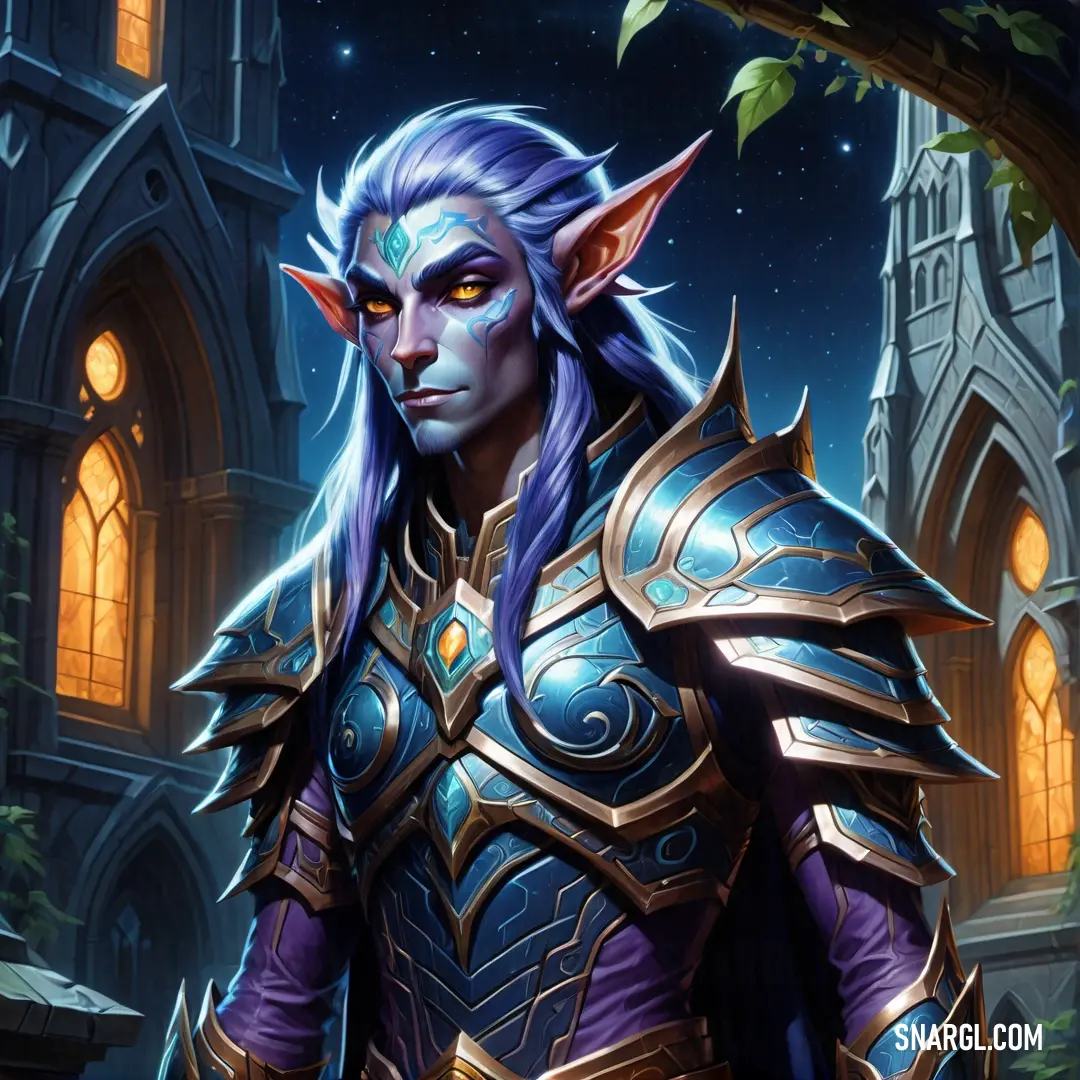 Night Elf in a blue and purple outfit standing in front of a castle at night with a glowing eye