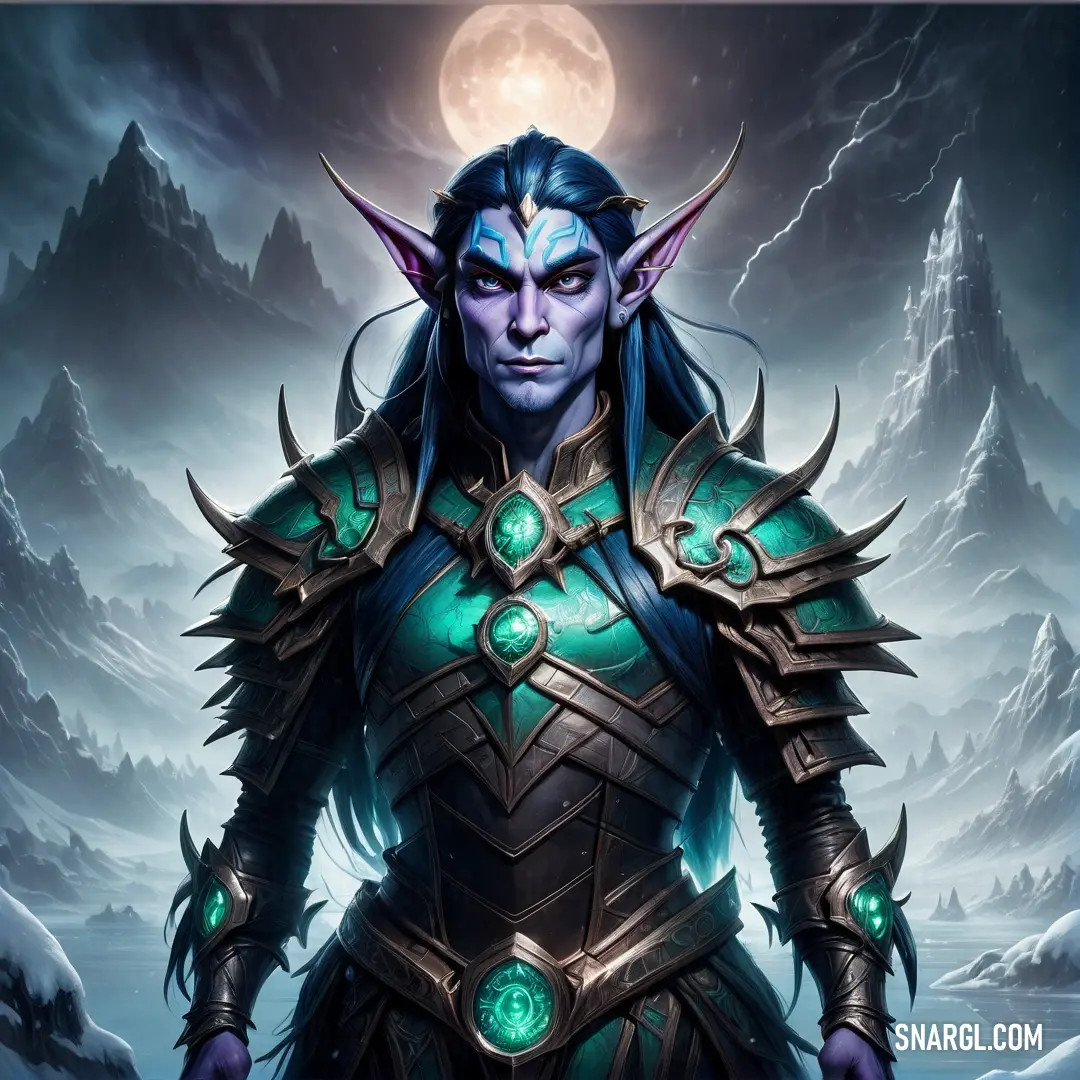 Night Elf in a costume with horns and a green light on his face and a mountain in the background