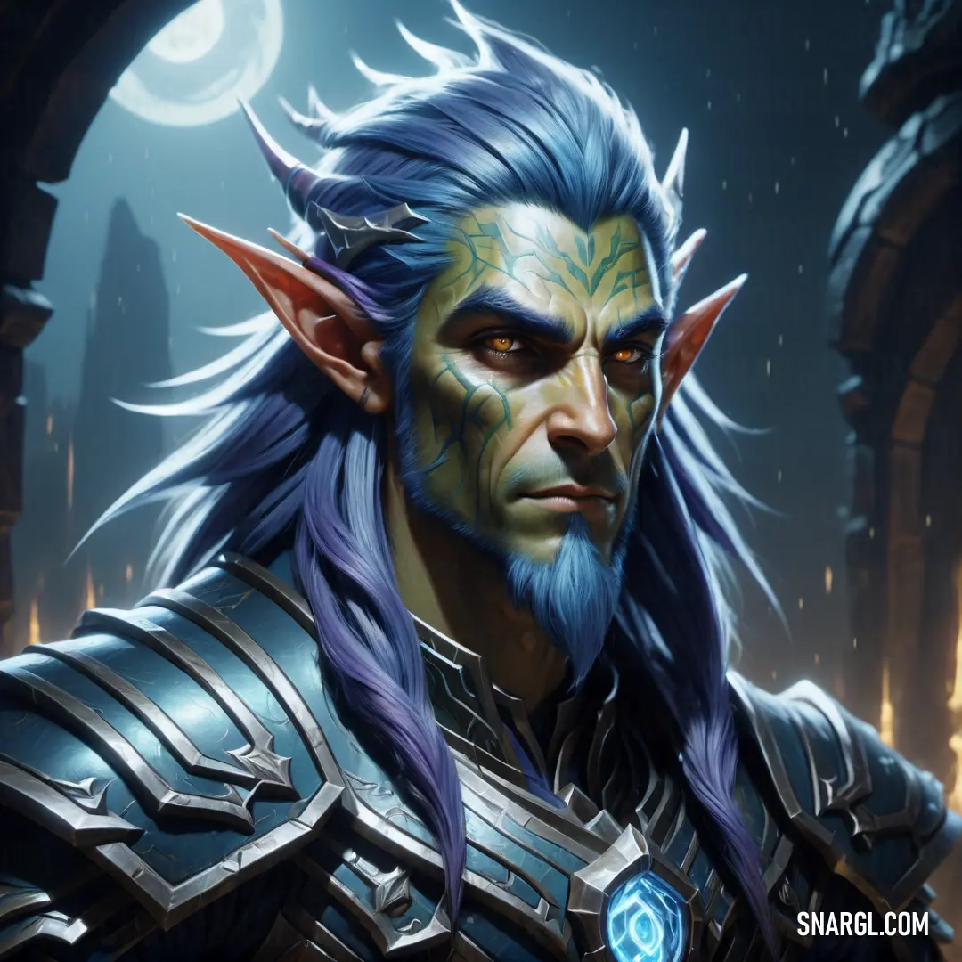Night Elf with blue hair and a beard wearing a blue outfit and a blue ring around his neck