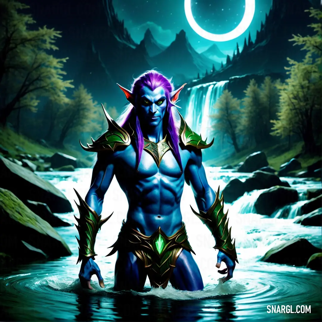 Night Elf with purple hair and a blue body in water with a moon in the background