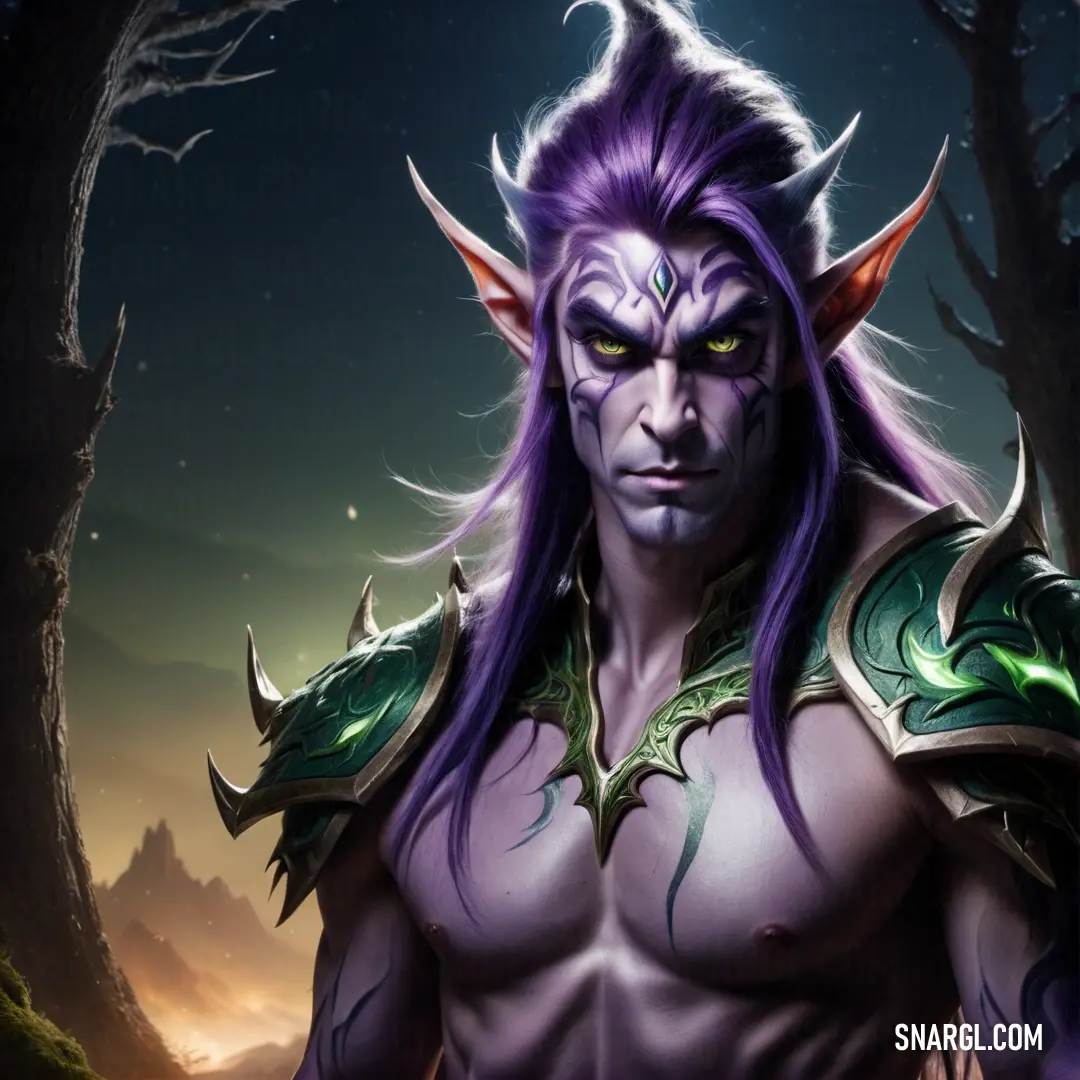 Night Elf with purple hair and a horned face and purple hair and horns