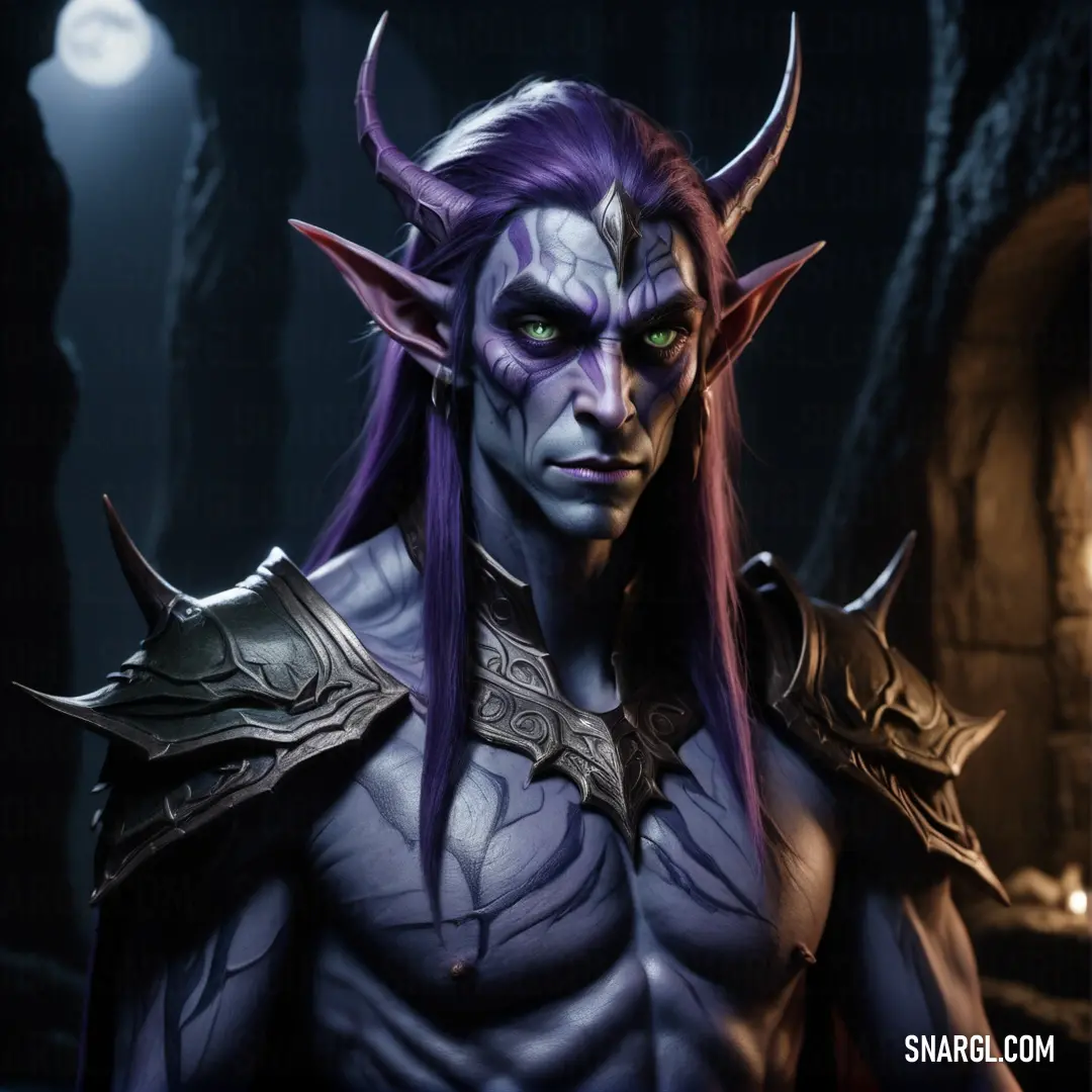 Man with purple hair and horns in a dark room with a light on his face and a demon like face