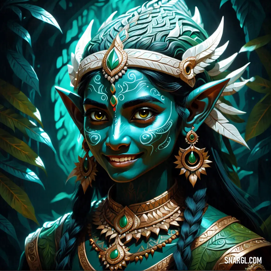 Painting of a female Night Elf with blue makeup and green hair and a green face paint job on her face