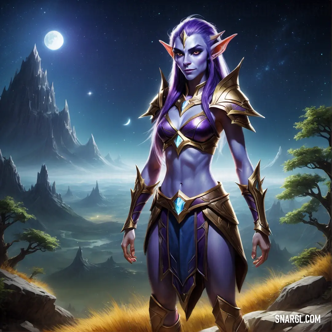 Night Elf in a purple outfit standing in a field with a mountain in the background