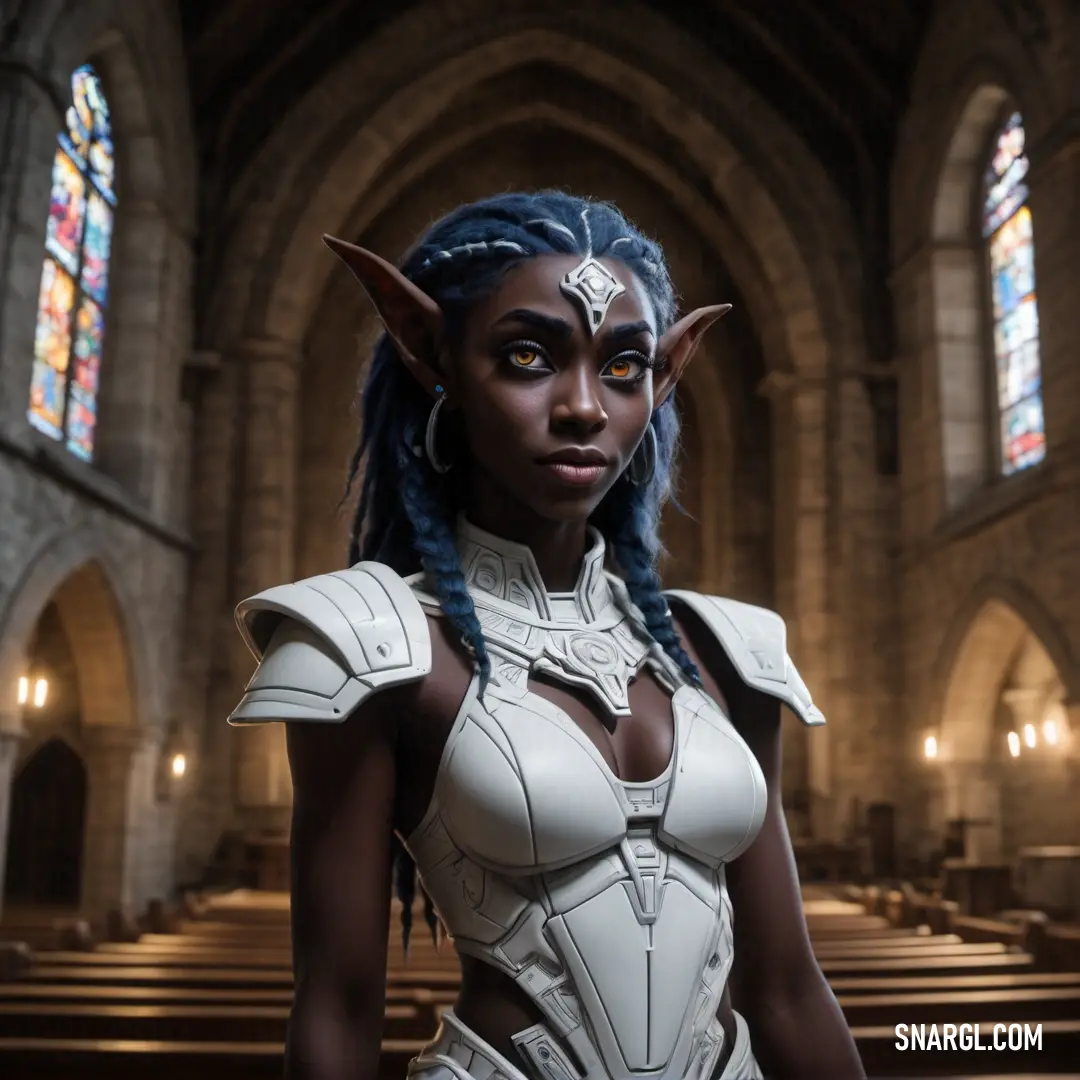 Night Elf in a white outfit with blue hair and horns stands in a church with pews and stained glass windows