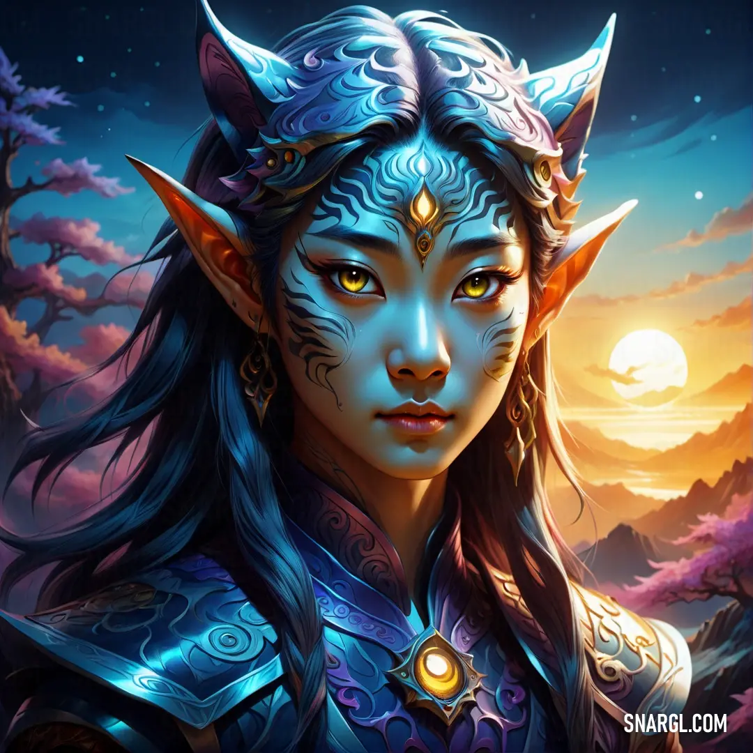 Night Elf with blue hair and horns on her head and a blue face