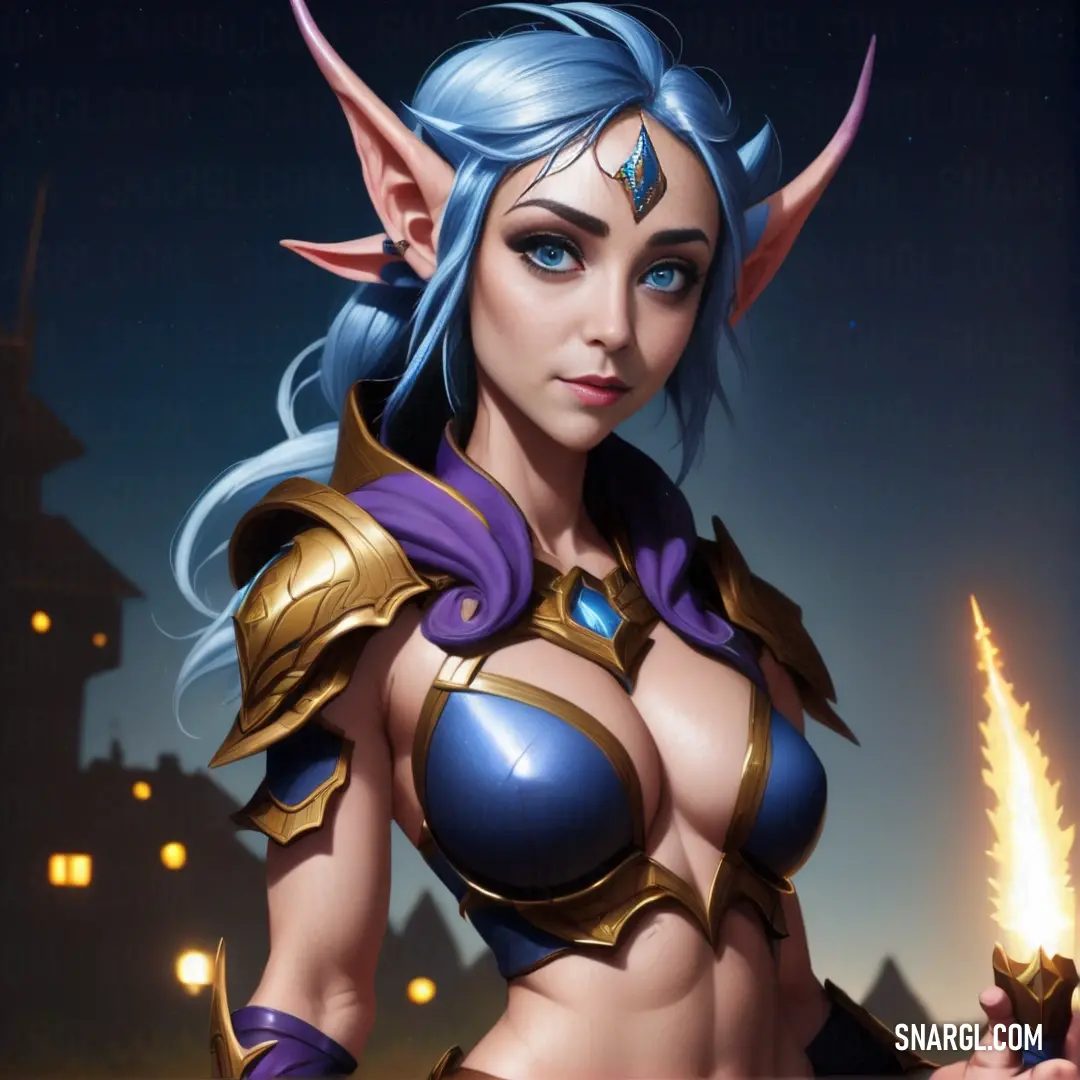 Night Elf with blue hair and a blue outfit holding a sword in her hand and wearing a horned head