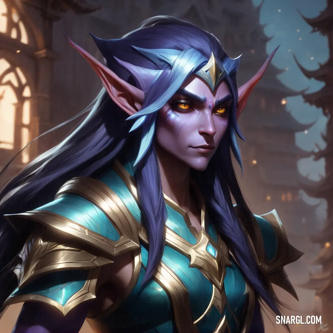Night Elf with blue hair and a blue outfit with horns and horns on her head