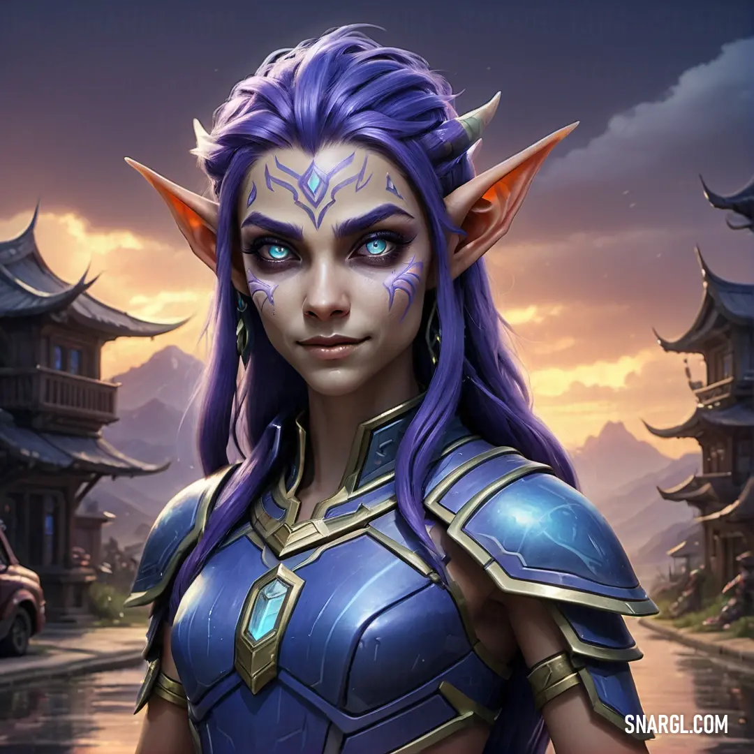 Night Elf with blue hair and horns in a fantasy setting with a sunset behind her and a castle in the background