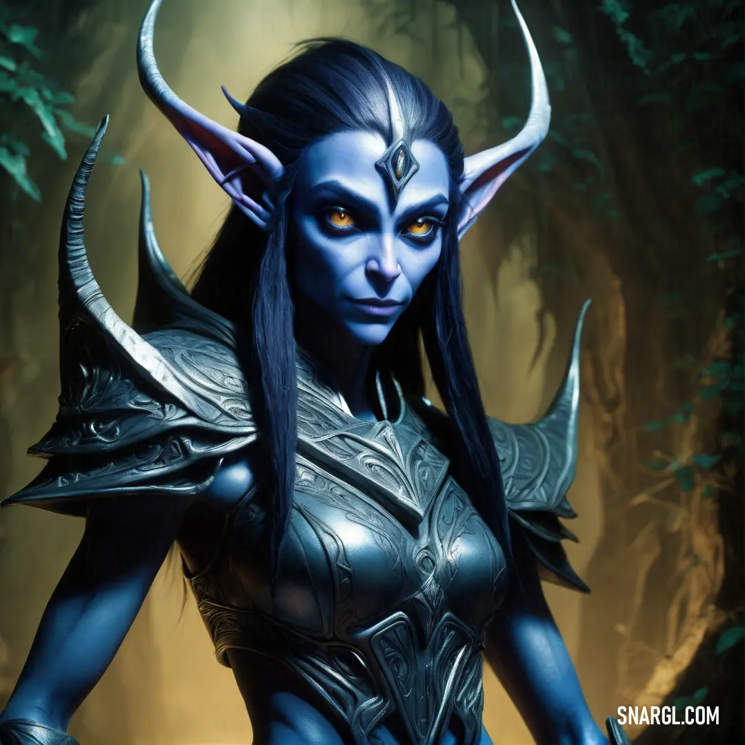 Night Elf with horns and horns on her head in a forest with trees and bushes behind her is a demon