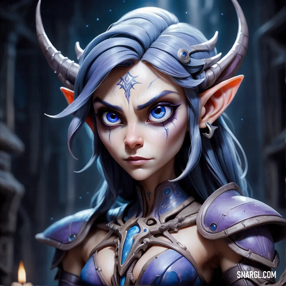 Night Elf with horns and horns on her head and blue eyes