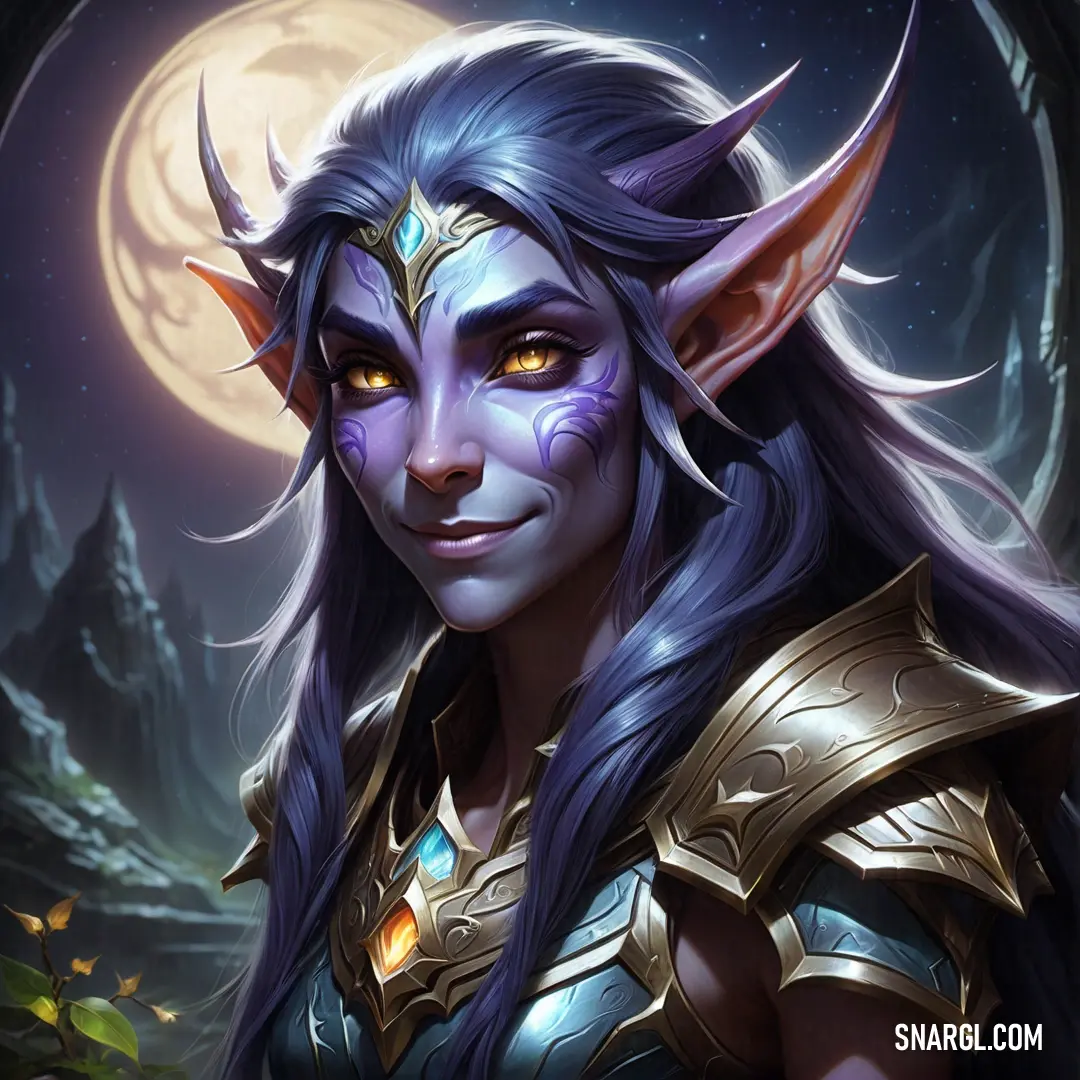 Night Elf with horns and a horned face in front of a full moon sky