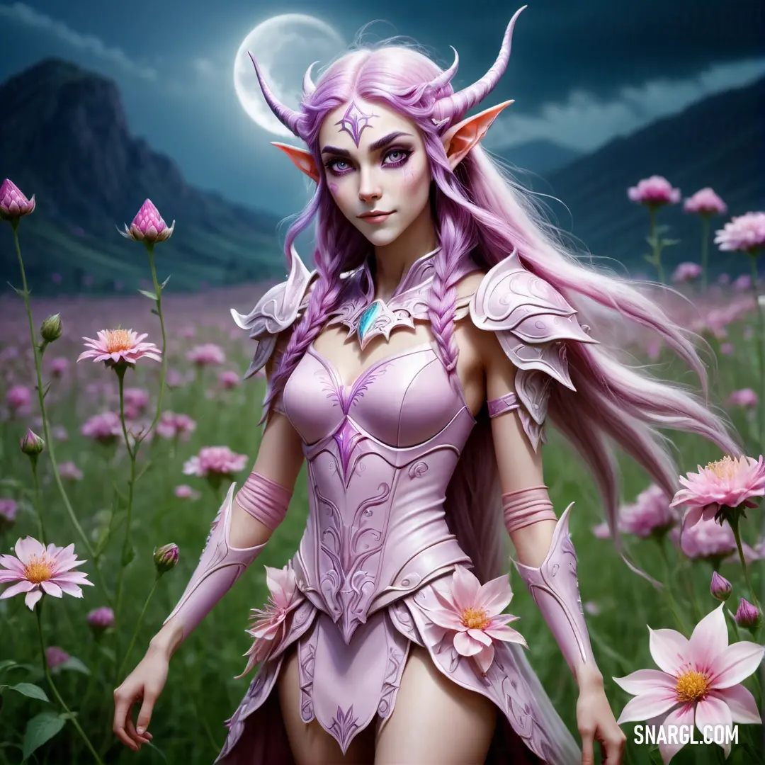 Night Elf with long hair and a pink outfit in a field of flowers with a moon in the background