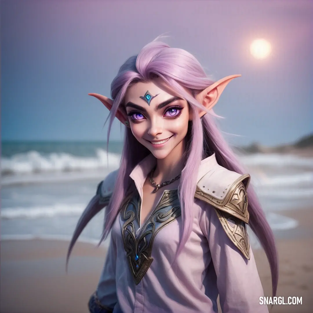 Night Elf with pink hair and a elf costume on a beach with a full moon in the background