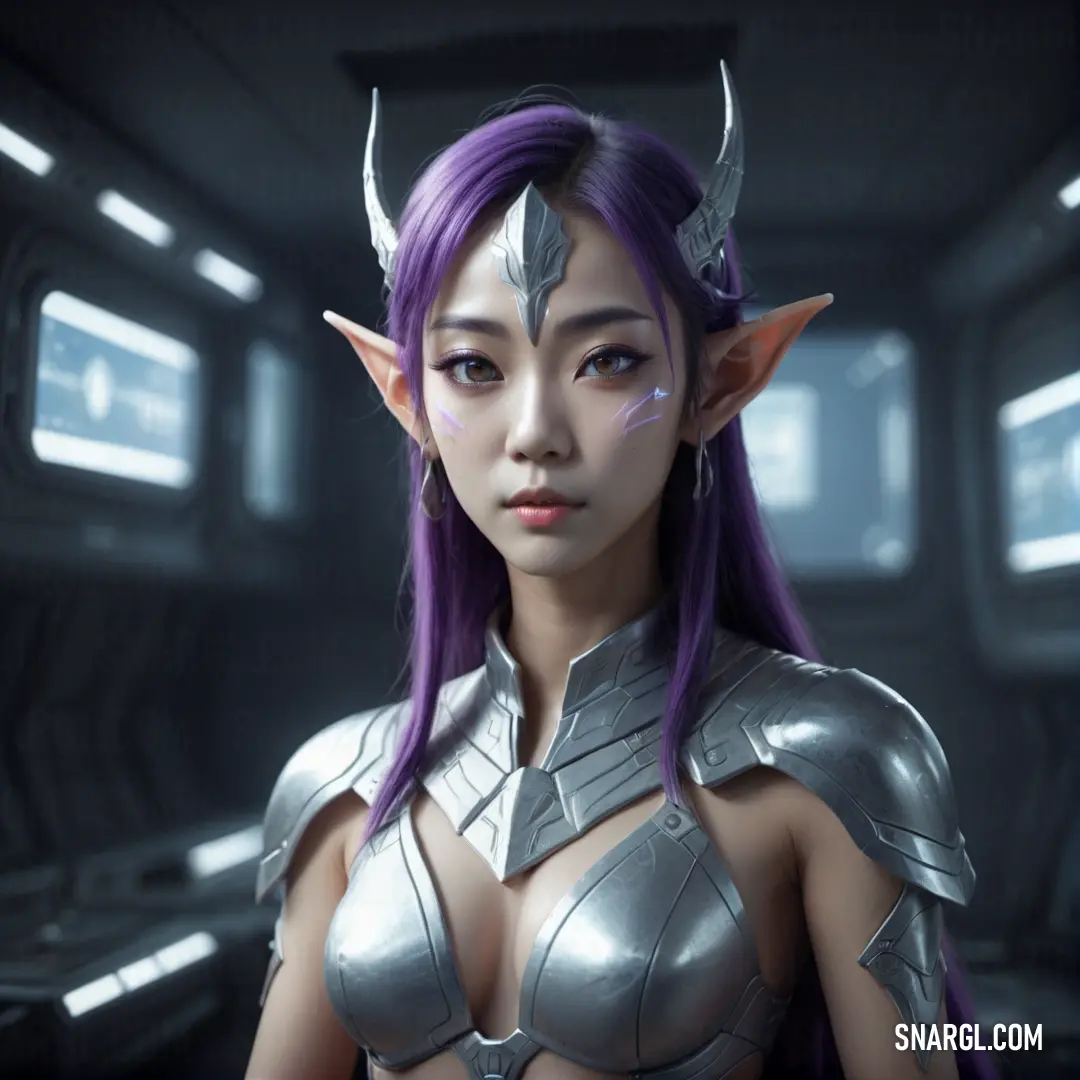 Night Elf with purple hair and horns in a futuristic setting with lights on her face