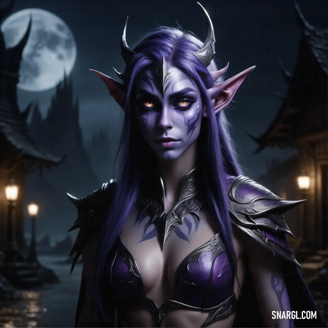 Night Elf with purple hair and horns in a dark costume with a full moon behind her