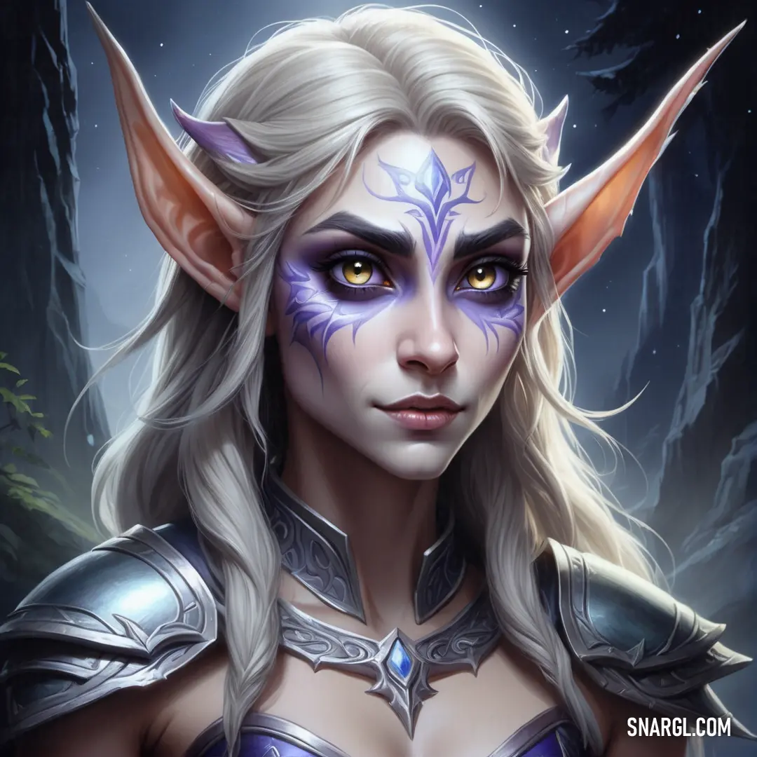 Night Elf with white hair and blue eyes wearing a horned headpiece and a purple dress with horns
