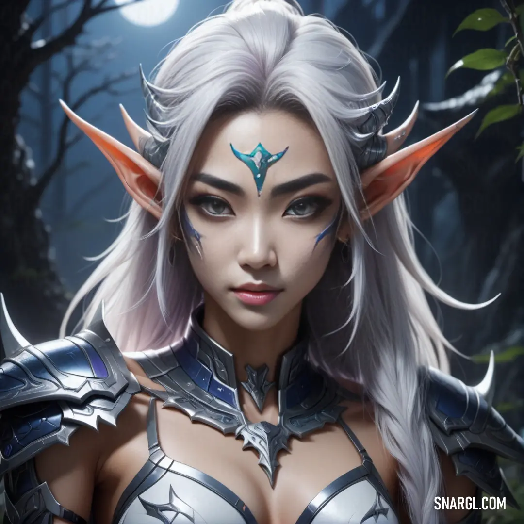 Night Elf with white hair and horns in a forest with trees and moon behind her