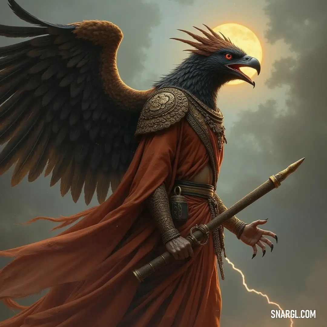 Majestic Night Garuda, shielded by helmet and wielding a sword, soaring through a starry night with grandeur. The Night Garuda, a powerful figure with a gleaming sword and adorned with a helmet, exudes strength and mystery as it spreads its magnificent wings against the backdrop of a starry night sky.