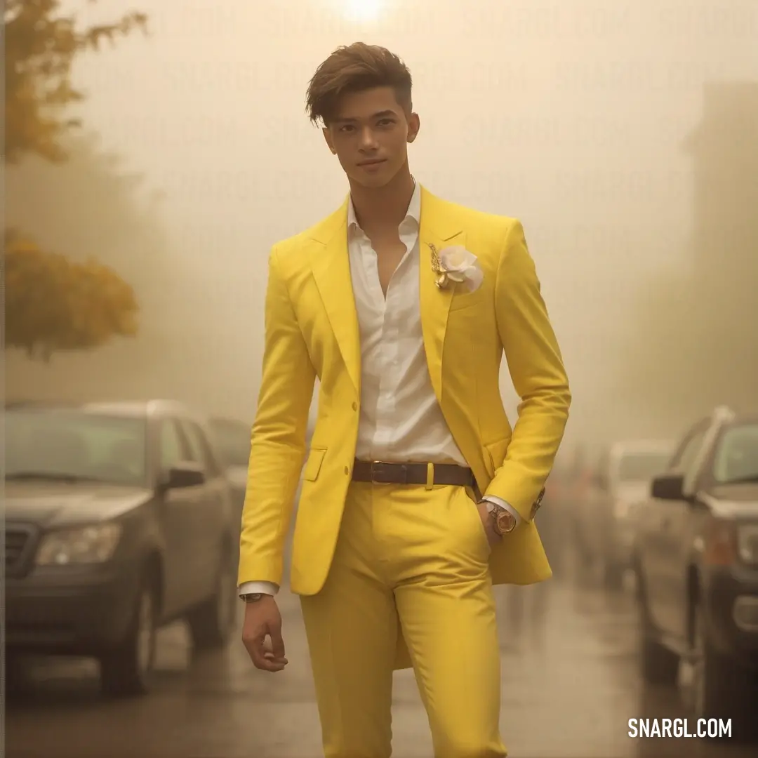 Man in a yellow suit walking down a street in the rain with a yellow flower in his lapel