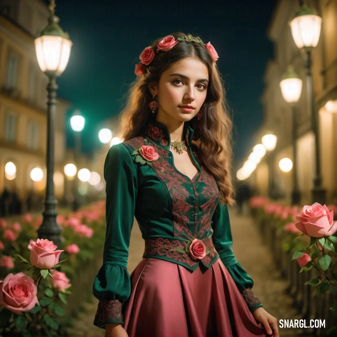 Woman in a dress standing in a flower garden at night with a rose in her hair
