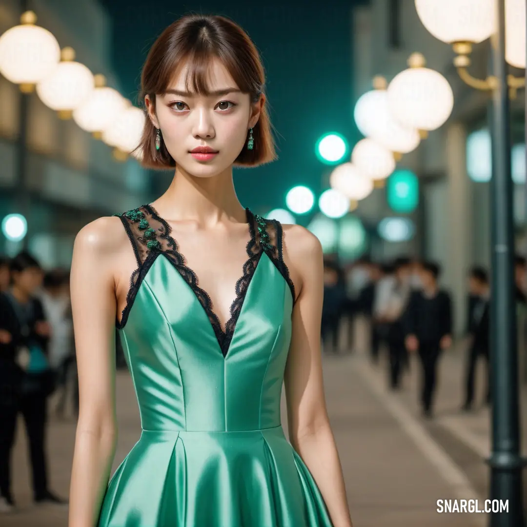 Woman in a green dress standing on a sidewalk at night with people in the background