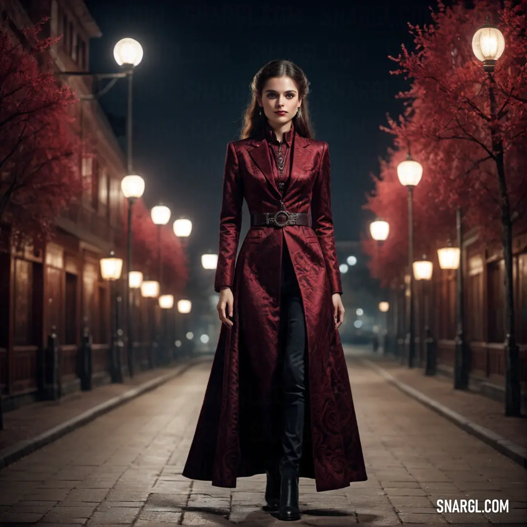 Woman in a red coat is standing on a street at night with a lamp post in the background