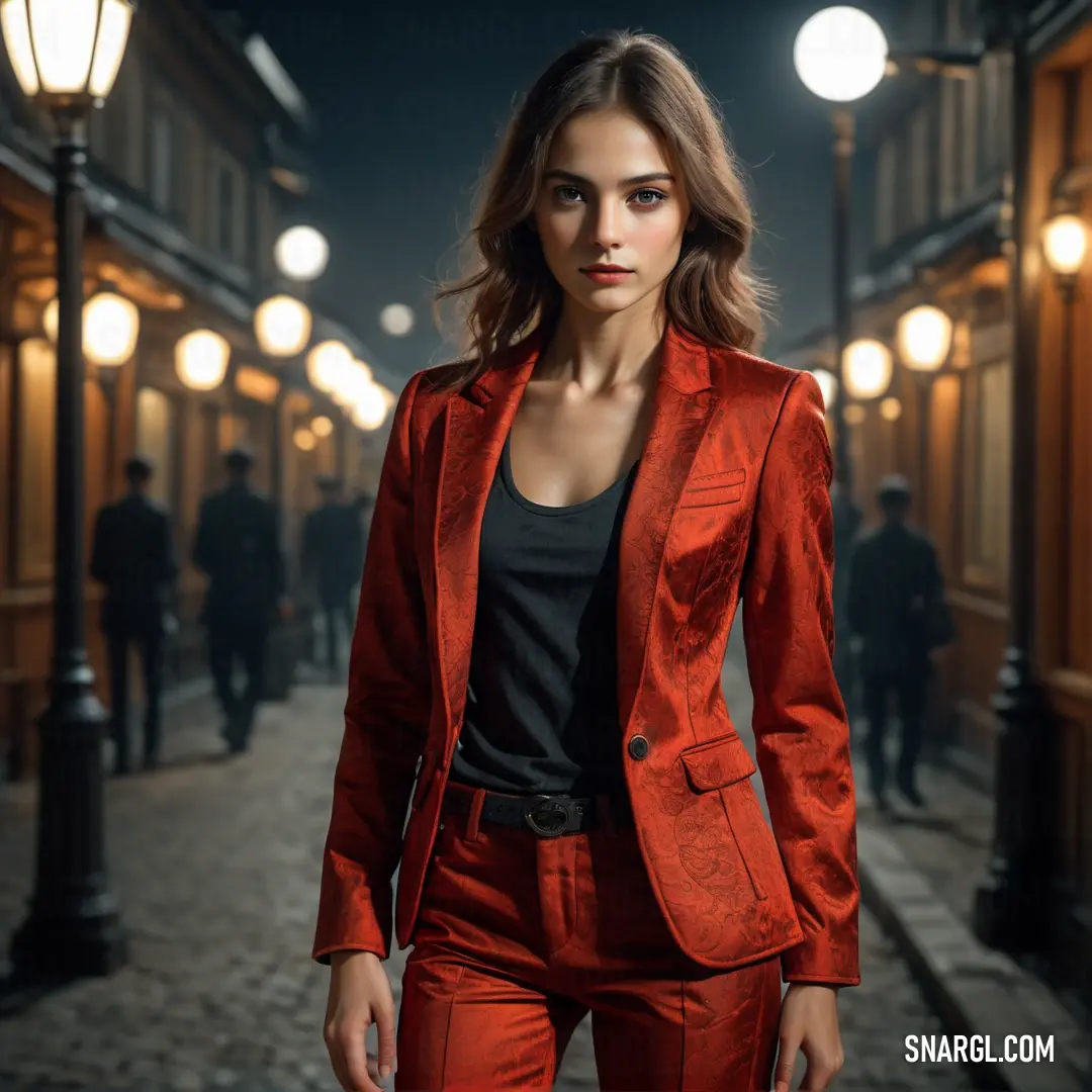 Woman in a red suit standing in a dark alley way at night with a street light in the background